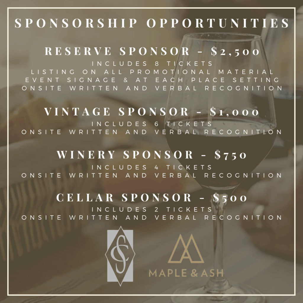 Sponsorship opportunities for Jr. Board wine tasting at Maple & Ash